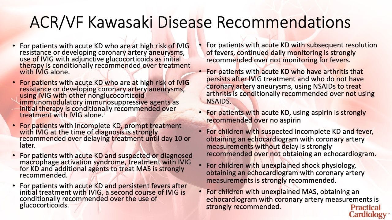 Summary of ACR/VF recommendations for Kawasaki disease.