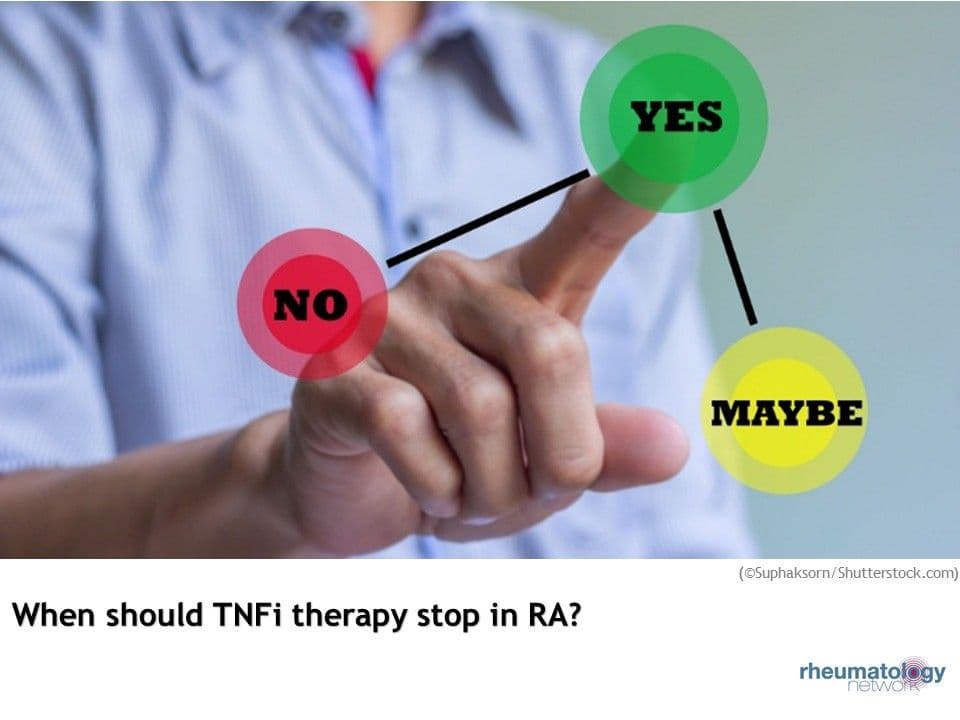 When RA is in remission, should TNFi therapy be discontinued?